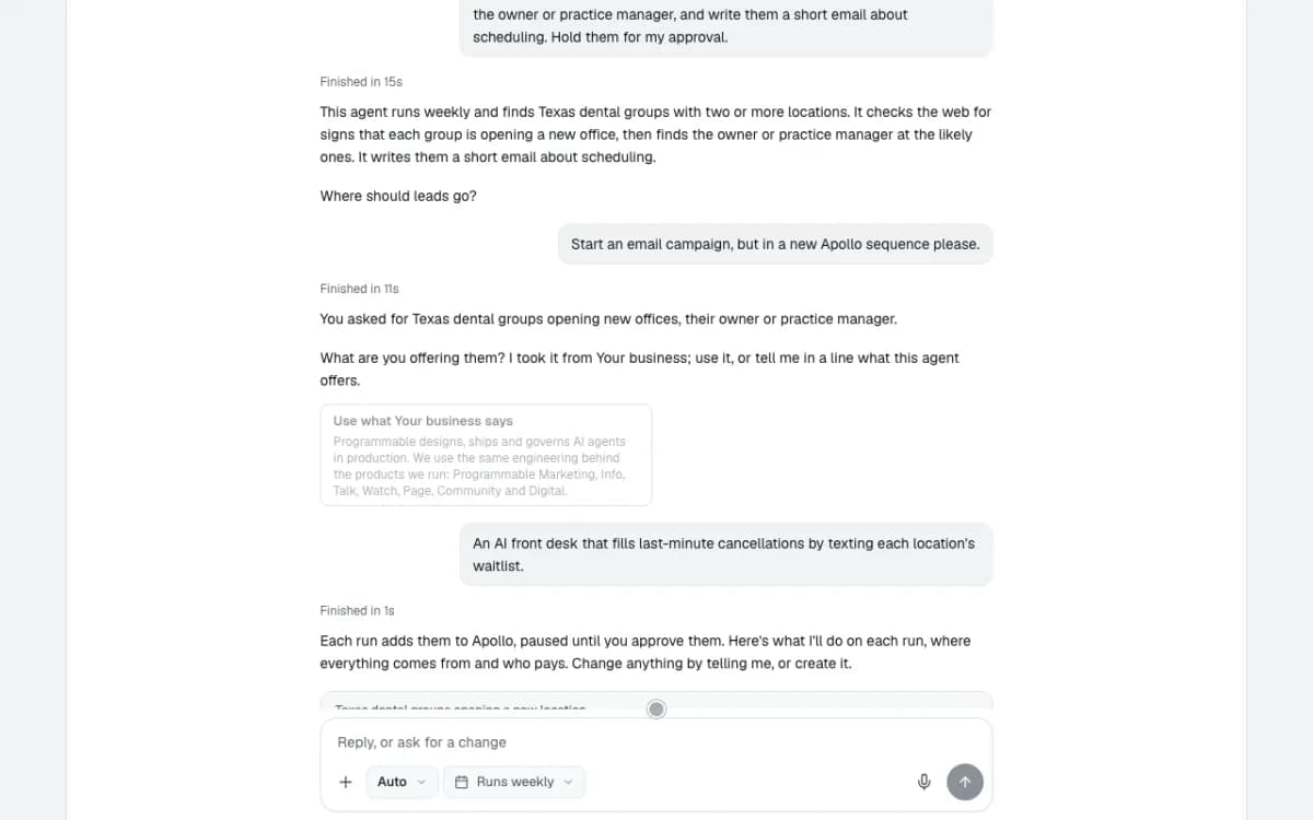 The offer typed as a reply, and the plan arriving