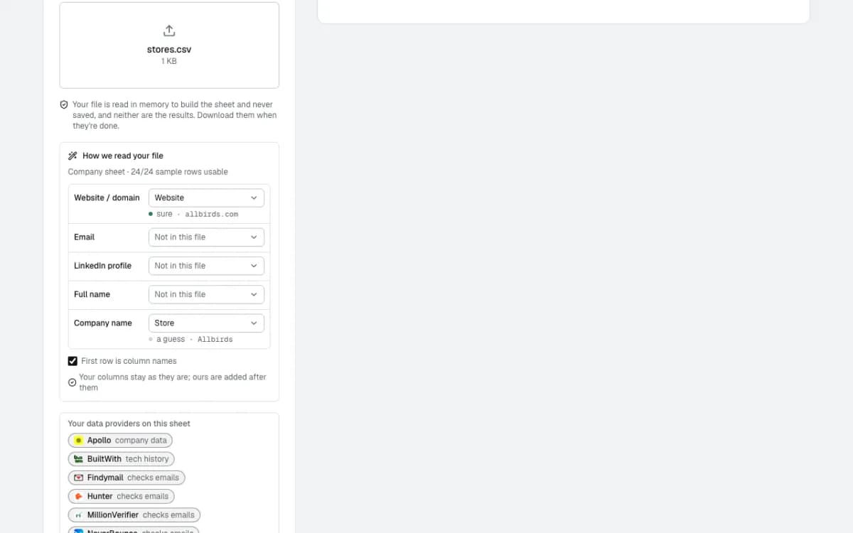 How the sheet read the file: the website column found, the store name guessed, 24 of 24 rows usable
