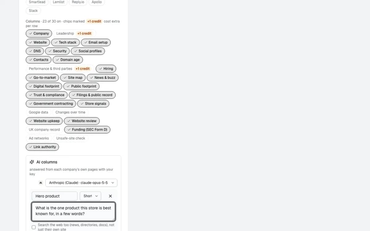 The column chips and the Hero product AI question being added