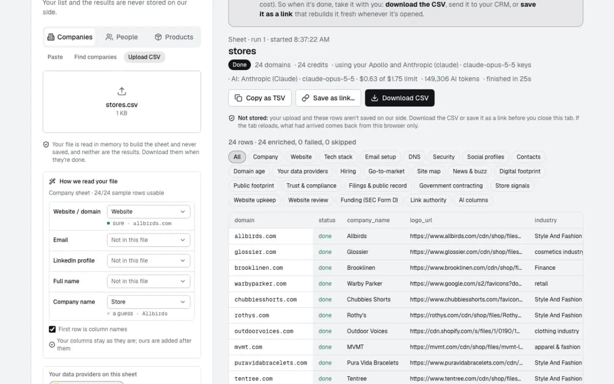 The finished sheet: 24 domains, 24 credits, the AI cost, and the column groups