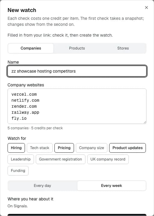The New watch form filled in from the sentence: five companies, hiring, pricing and product updates, every week