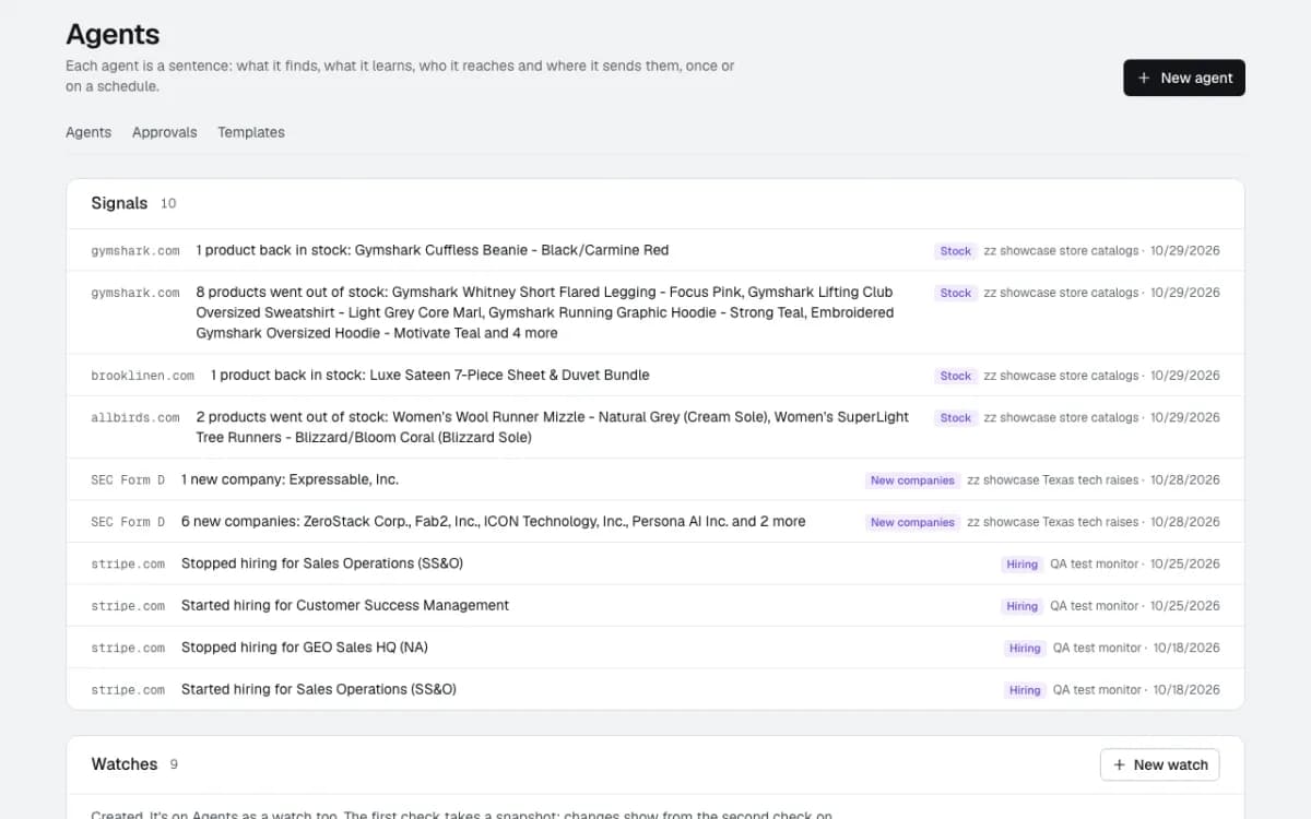 Signals: changes from the account's watches, with the site, the kind of change and the watch