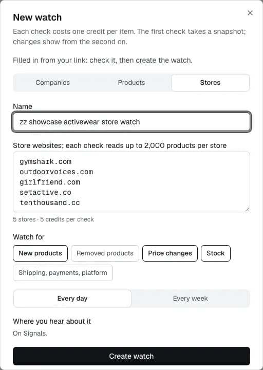 The New watch form filled in from the sentence: five stores, new products, price changes and stock, every day