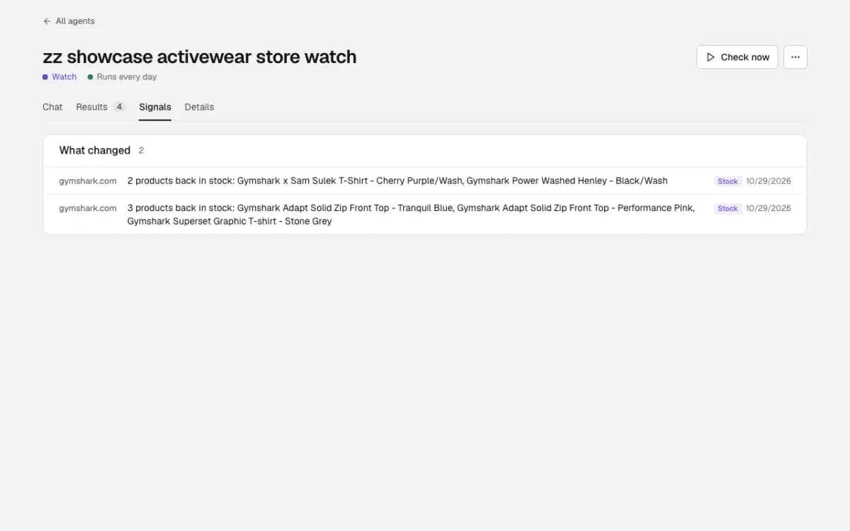 The watch's Signals tab: two changes at gymshark.com, products back in stock