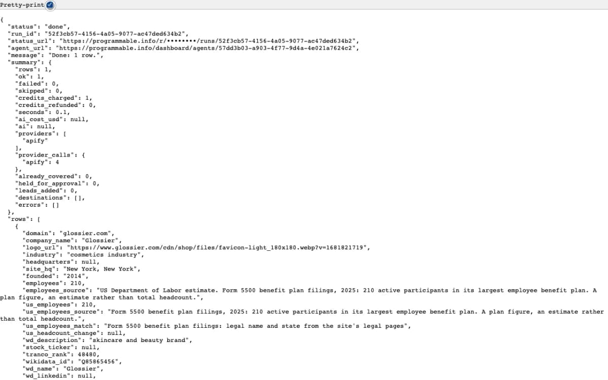 The JSON answer: status, summary and Glossier's row