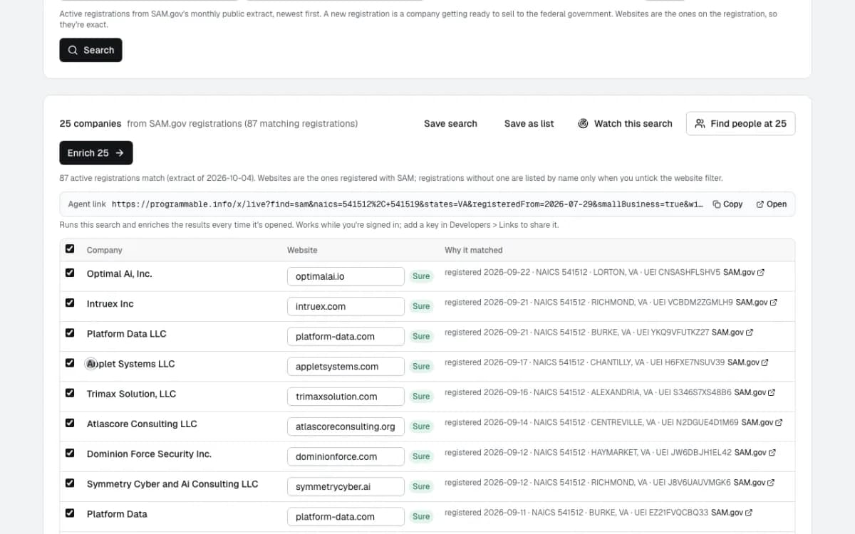 25 companies from SAM.gov registrations, 87 matching, each with registration date, NAICS, town and UEI