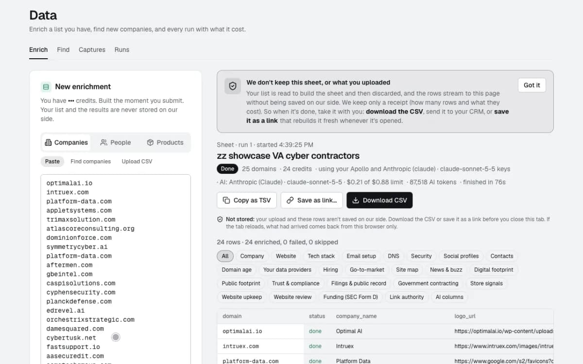 The finished sheet: 25 domains, 24 credits, $0.21 of AI, finished in 76 seconds
