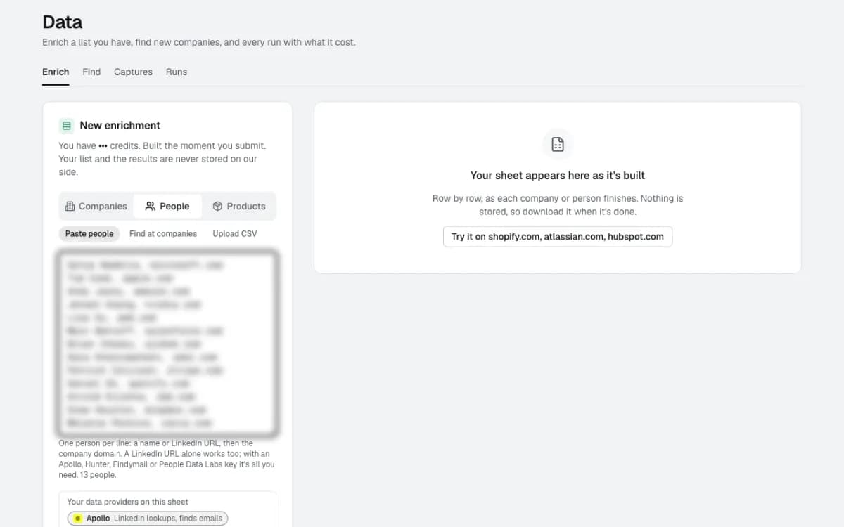 Thirteen people pasted into the People tab, one per line with the company website