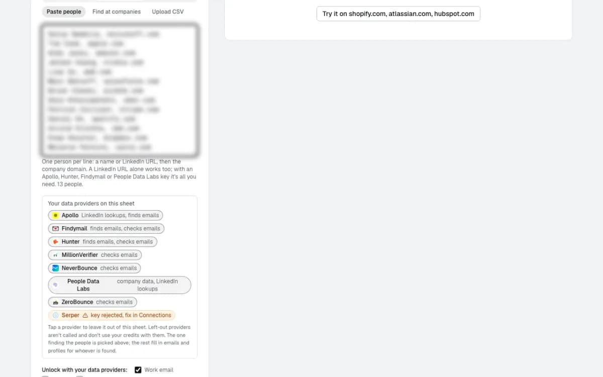 The connected email finders and checkers, and the Work email box ticked