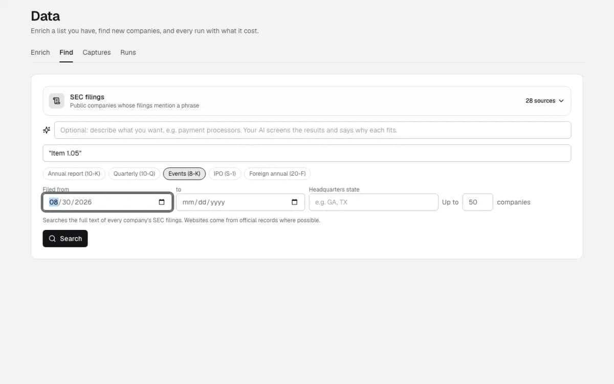 The SEC filings search: "Item 1.05", Events (8-K), filed from August 30, 2026