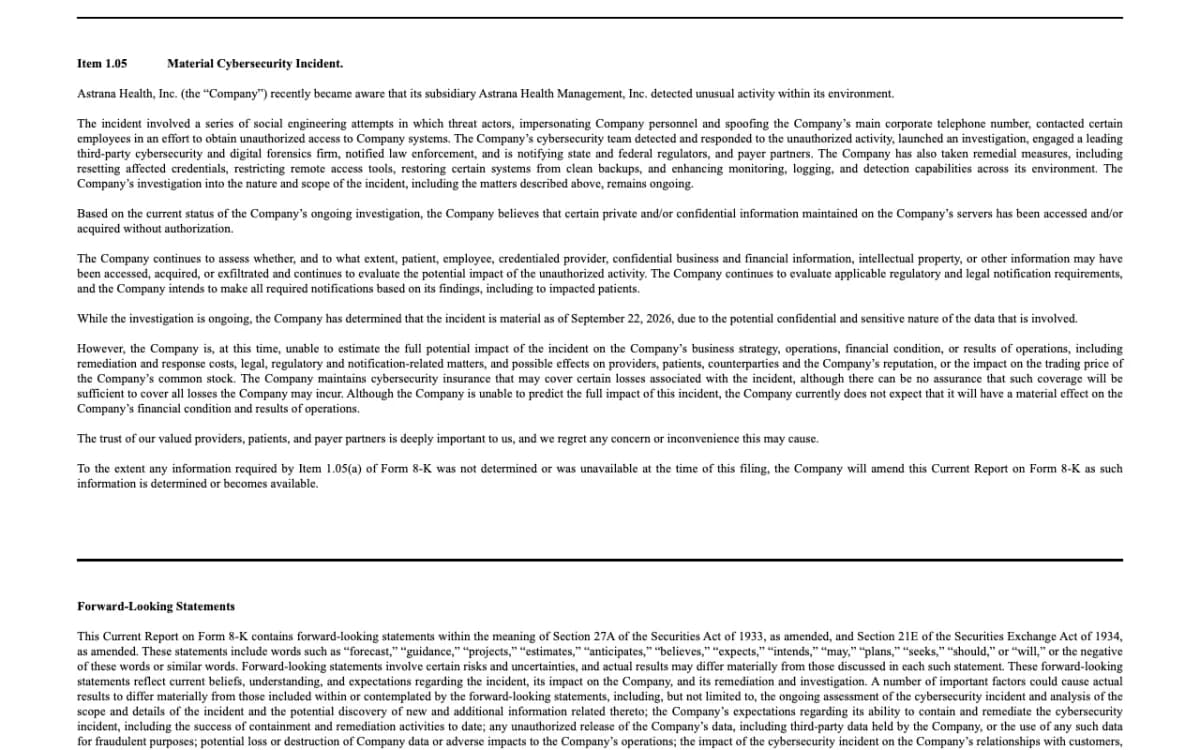 Astrana Health's 8-K on sec.gov, Item 1.05 Material Cybersecurity Incident